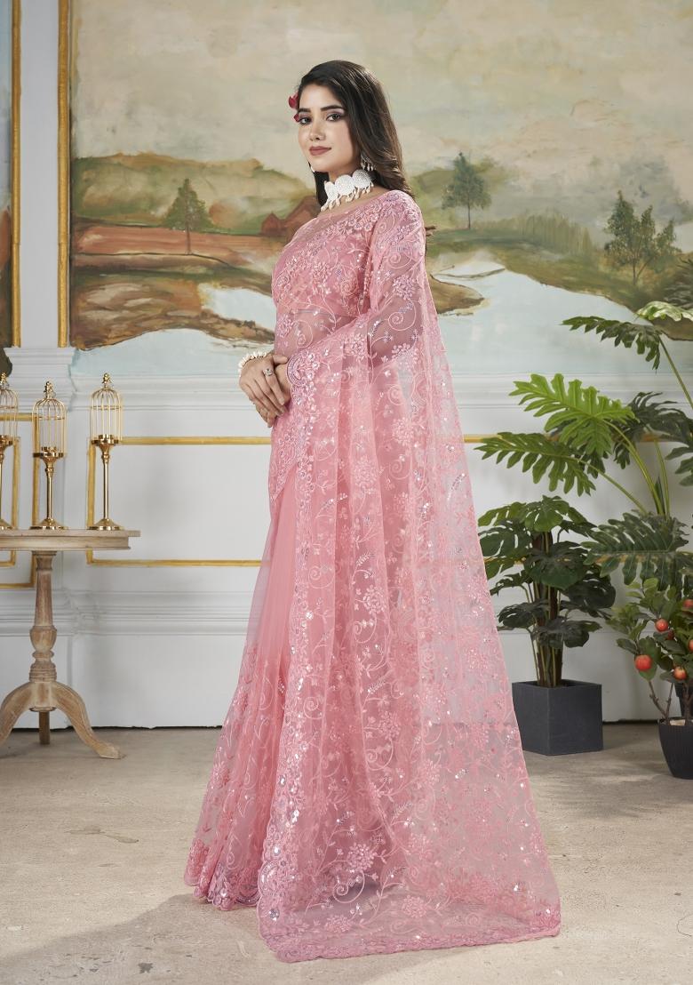 Pink Embroidered Net Saree Set