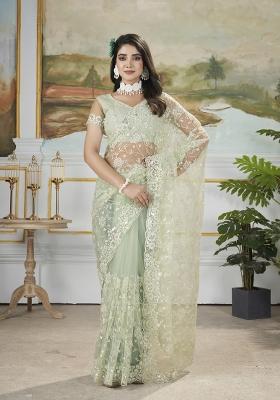 Pastel Green Embroidered Net Saree Set