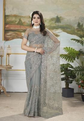 Grey Embroidered Net Saree Set