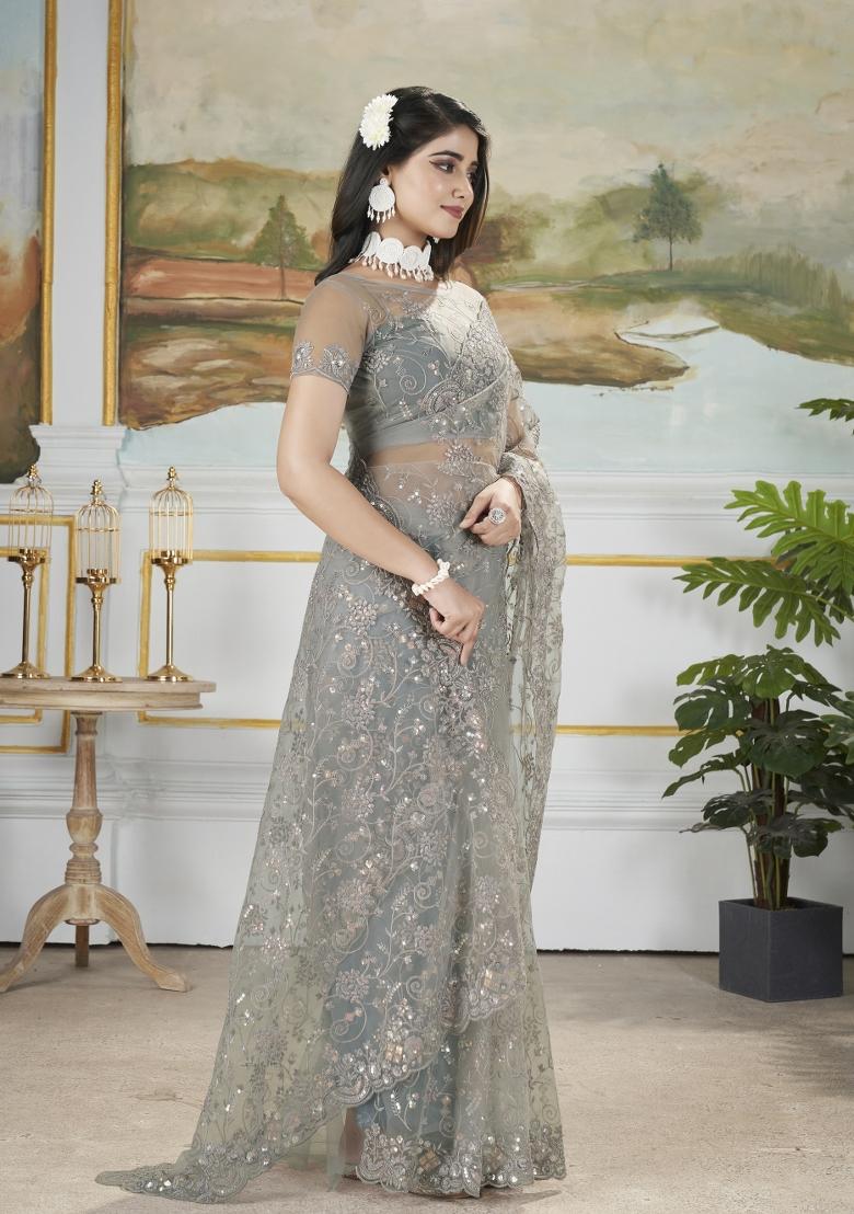 Grey Embroidered Net Saree Set