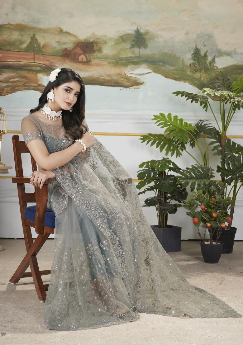 Grey Embroidered Net Saree Set