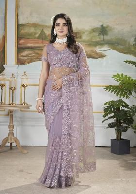 Purple Embroidered Net Saree Set