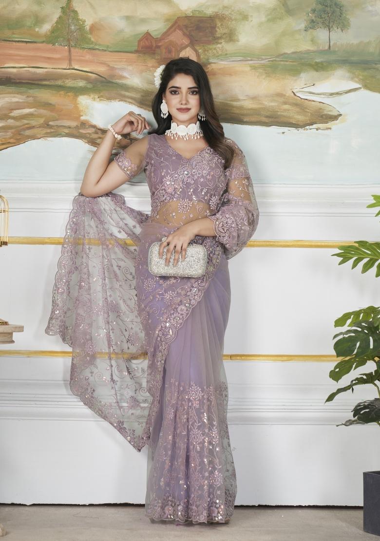 Purple Embroidered Net Saree Set