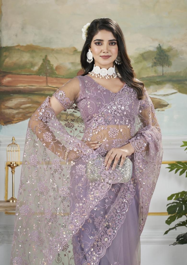 Purple Embroidered Net Saree Set