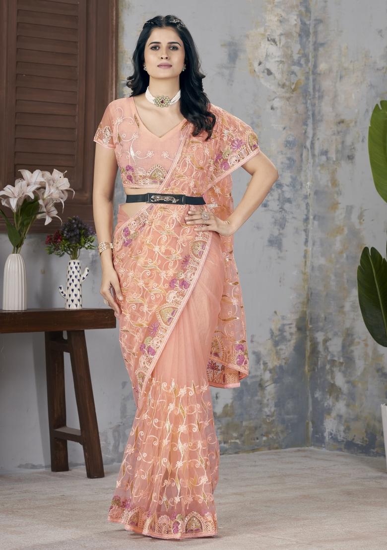 Peach Embroidered Net Saree Set