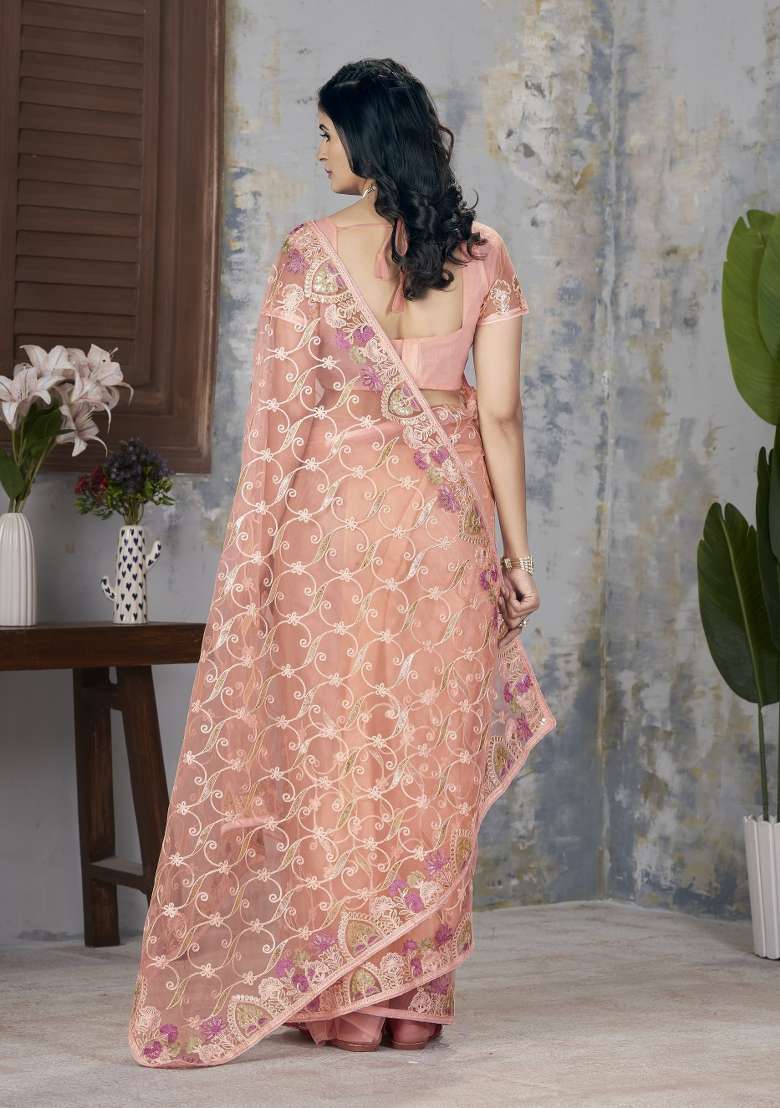 Peach Embroidered Net Saree Set - Indya