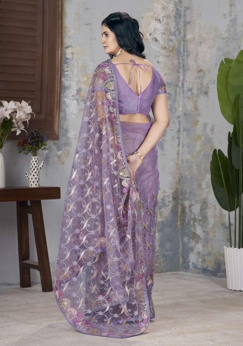 Purple Embroidered Net Saree Set - Indya