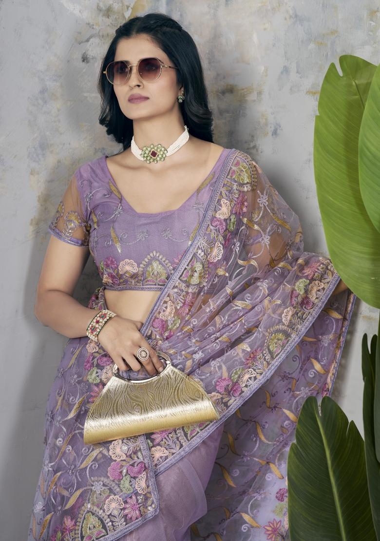 Purple Embroidered Net Saree Set