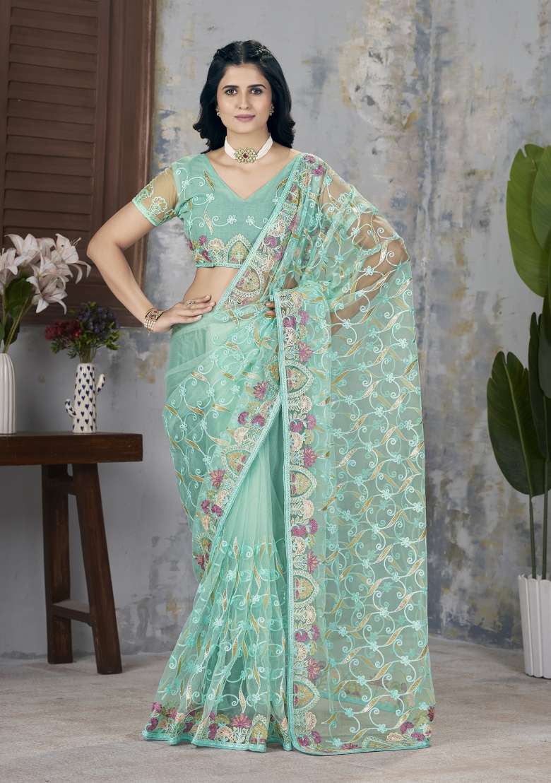 Mint Green Embroidered Net Saree Set - Indya