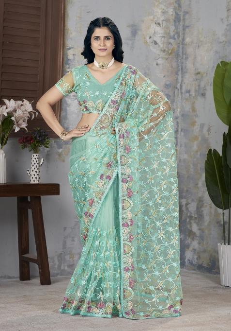 Mint Green Embroidered Net Saree Set
