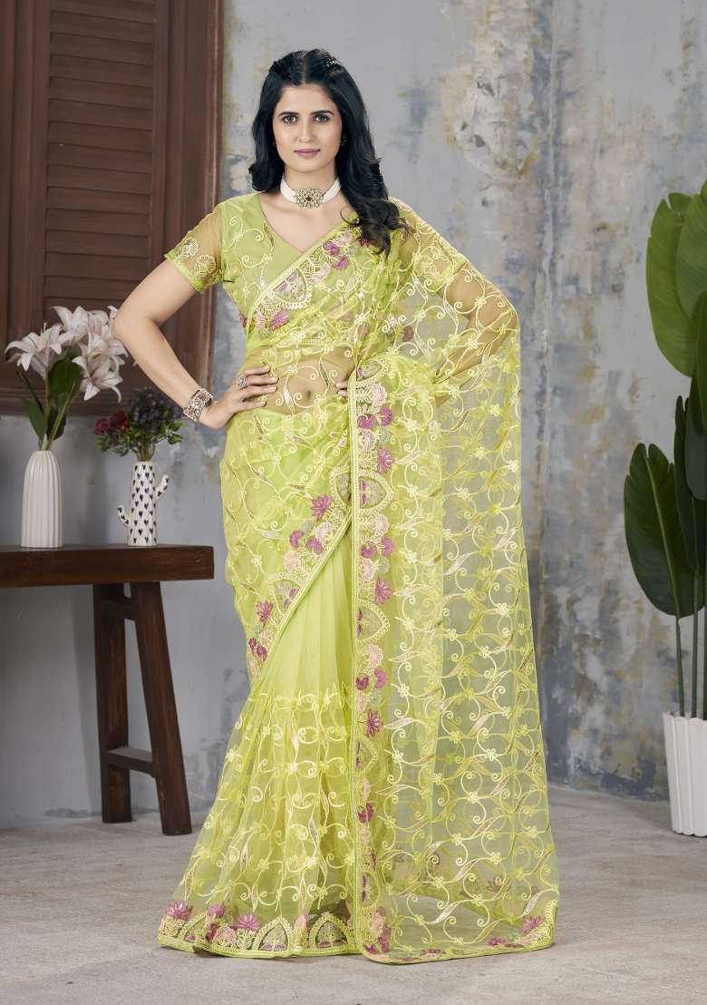 Yellow Embroidered Net Saree Set - Indya