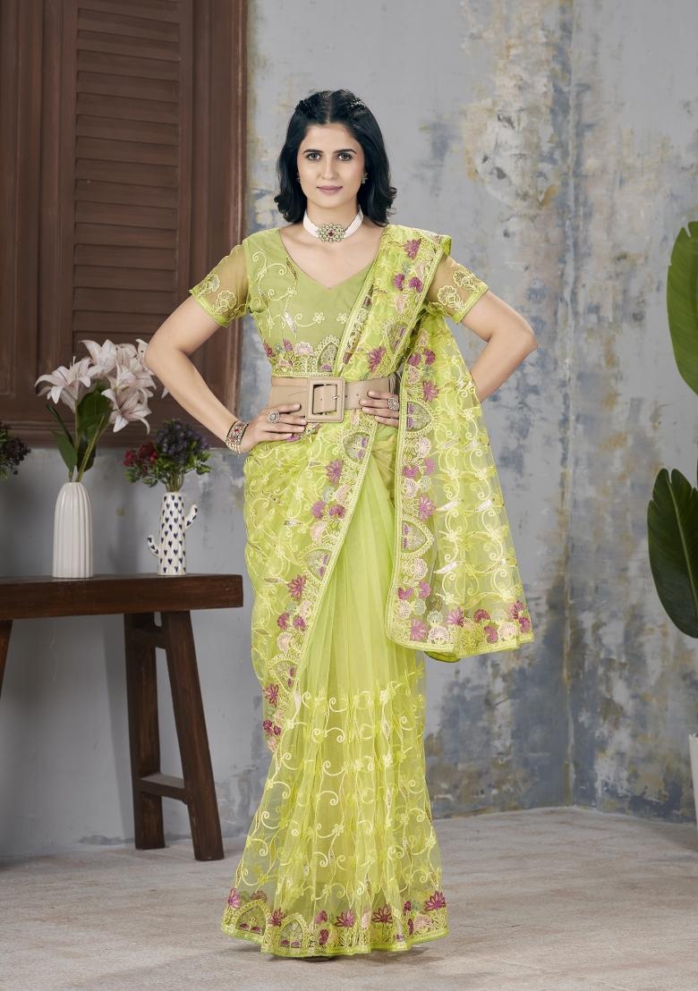 Yellow Embroidered Net Saree Set