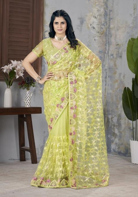 Yellow Embroidered Net Saree Set
