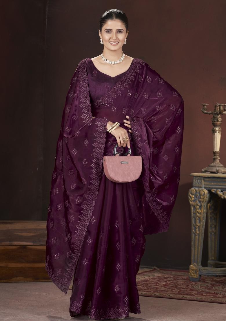 Wine Embroidered Geemichu Silk Saree Set