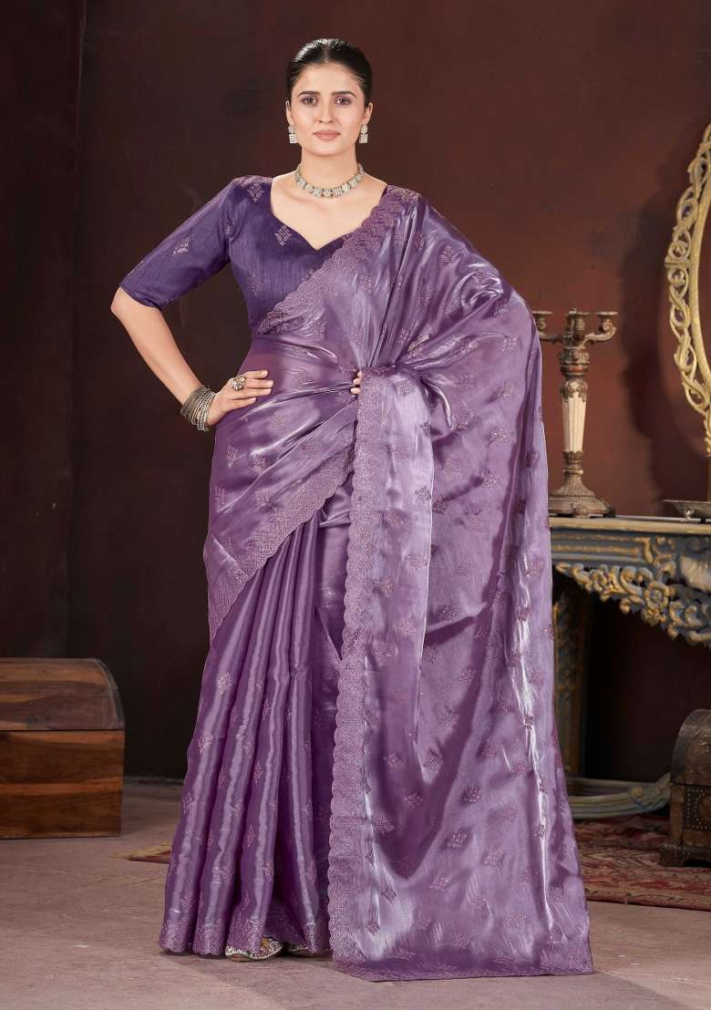 Purple Embroidered Geemichu Silk Saree Set - Indya