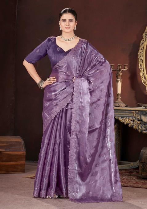 Purple Embroidered Geemichu Silk Saree Set