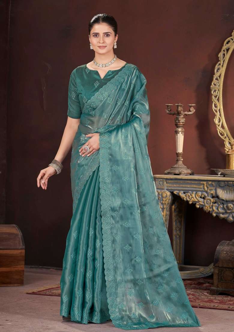Green Embroidered Geemichu Silk Saree Set - Indya