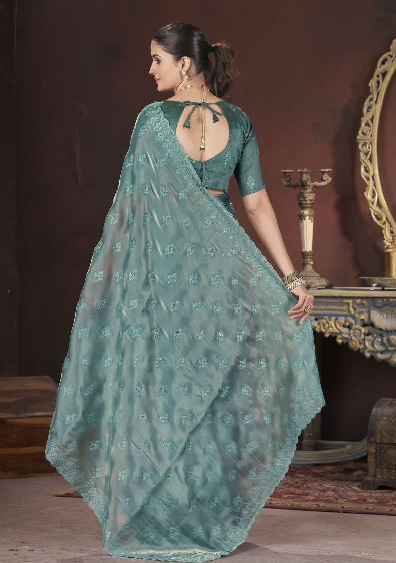 Green Embroidered Geemichu Silk Saree Set - Indya