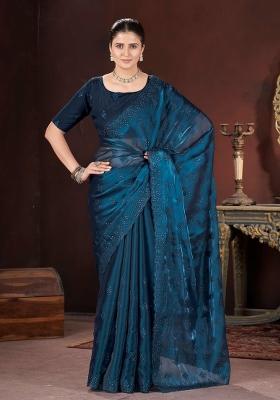 Blue Embroidered Geemichu Silk Saree Set