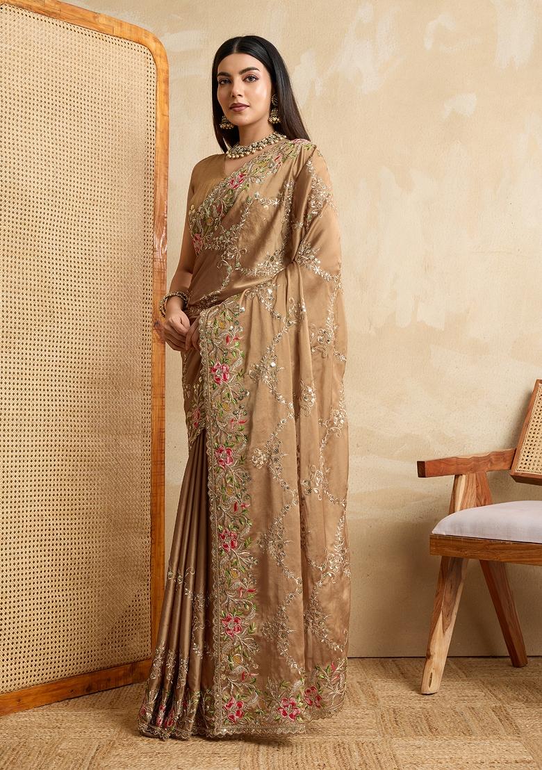 Beige Embroidered Banglory Silk Saree Set