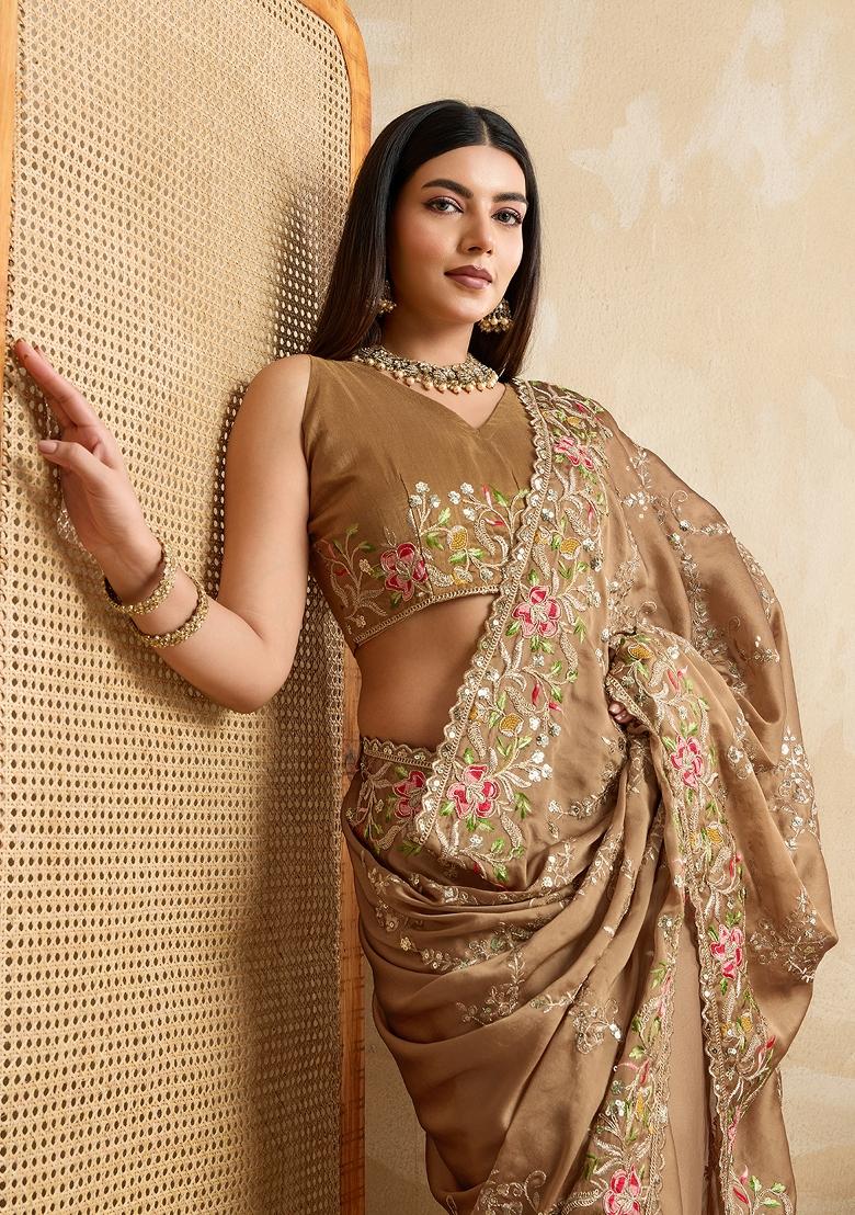Beige Embroidered Banglory Silk Saree Set
