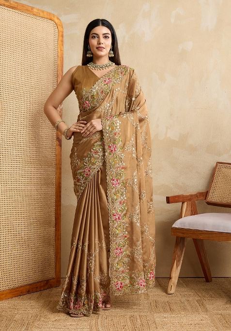 Beige Embroidered Banglory Silk Saree Set