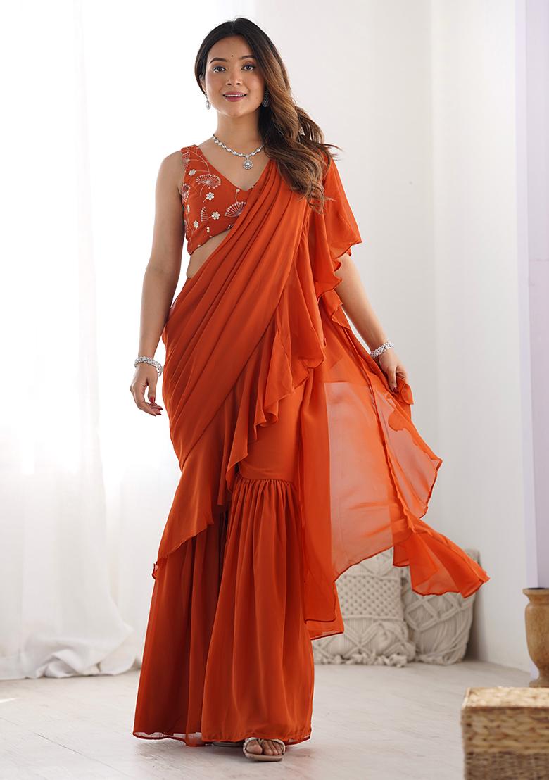 Red Embroidered Georgette Pre Stitched Saree