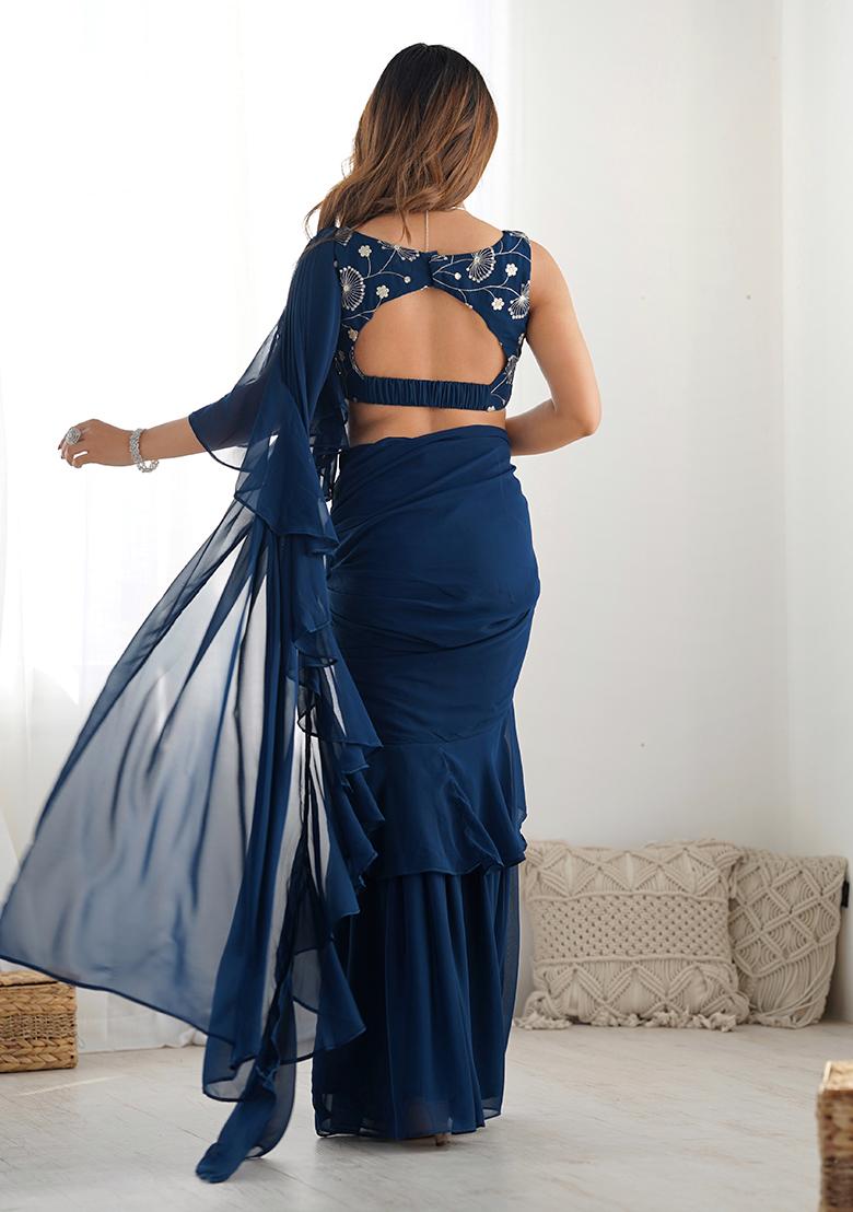 Blue Embroidered Georgette Pre Stitched Saree