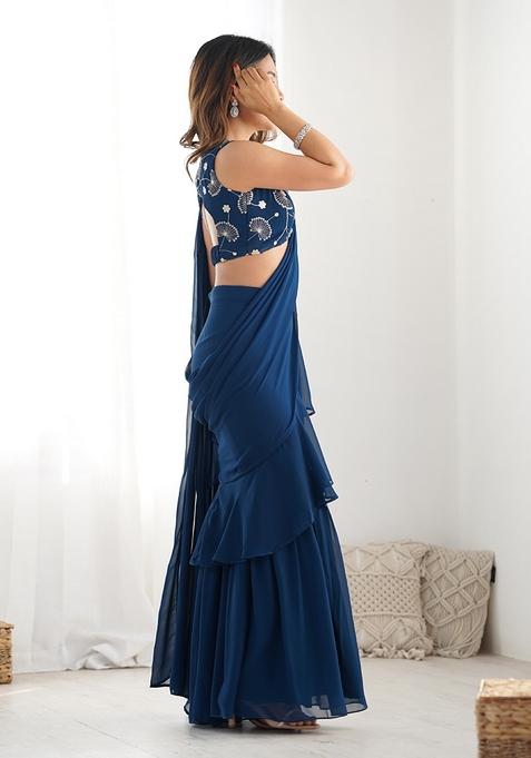 Blue Embroidered Georgette Pre Stitched Saree