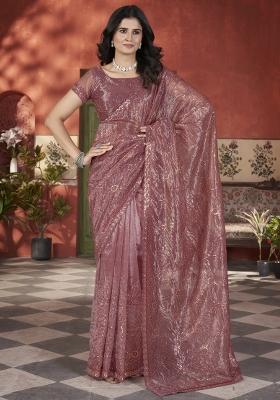 Onian Pink Embroidered Tissue Net Saree Set