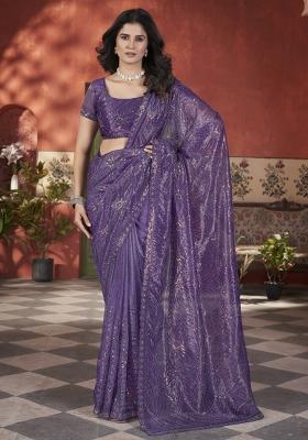 Purple Embroidered Tissue Net Saree Set