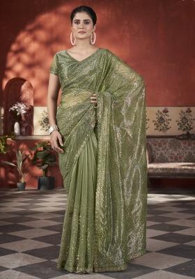 Mehendi Green Embroidered Tissue Net Saree Set