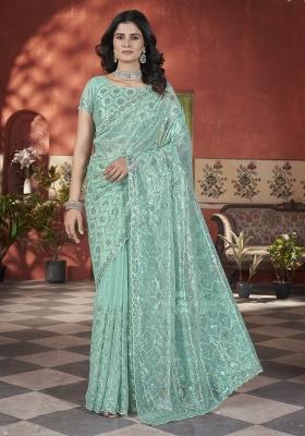 Sea Green Embroidered Tissue Net Saree Set