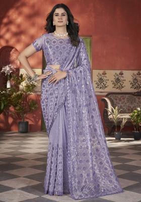 Purple Embroidered Tissue Net Saree Set