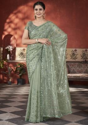 Mehendi Green Embroidered Tissue Net Saree Set