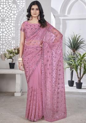 Pink Embroidered Tissue Net Saree Set