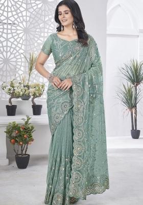 Sea Green Embroidered Tissue Net Saree Set