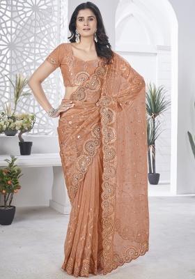 Brunt Orange Embroidered Tissue Net Saree Set