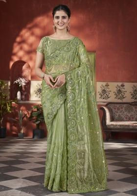 Mehendi Green Embroidered Tissue Net Saree Set