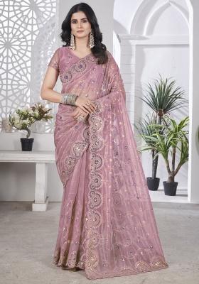 Pink Embroidered Tissue Net Saree Set