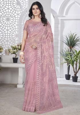 Onian Pink Embroidered Tissue Net Saree Set