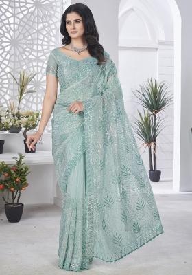 Sea Green Embroidered Tissue Net Saree Set