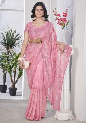 Barbie Pink Embroidered Tissue Net Saree Set