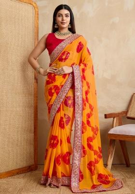 Orange Embroidered Georgette Saree Set