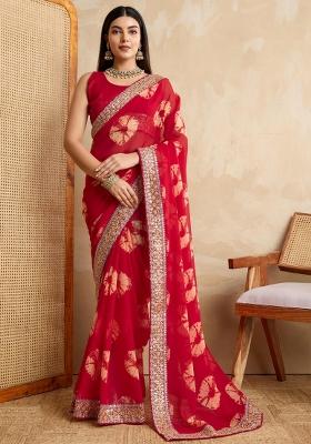 Red Embroidered Georgette Saree Set