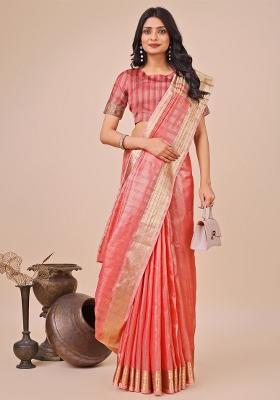 Orange Wevon Designer Organza Saree Set