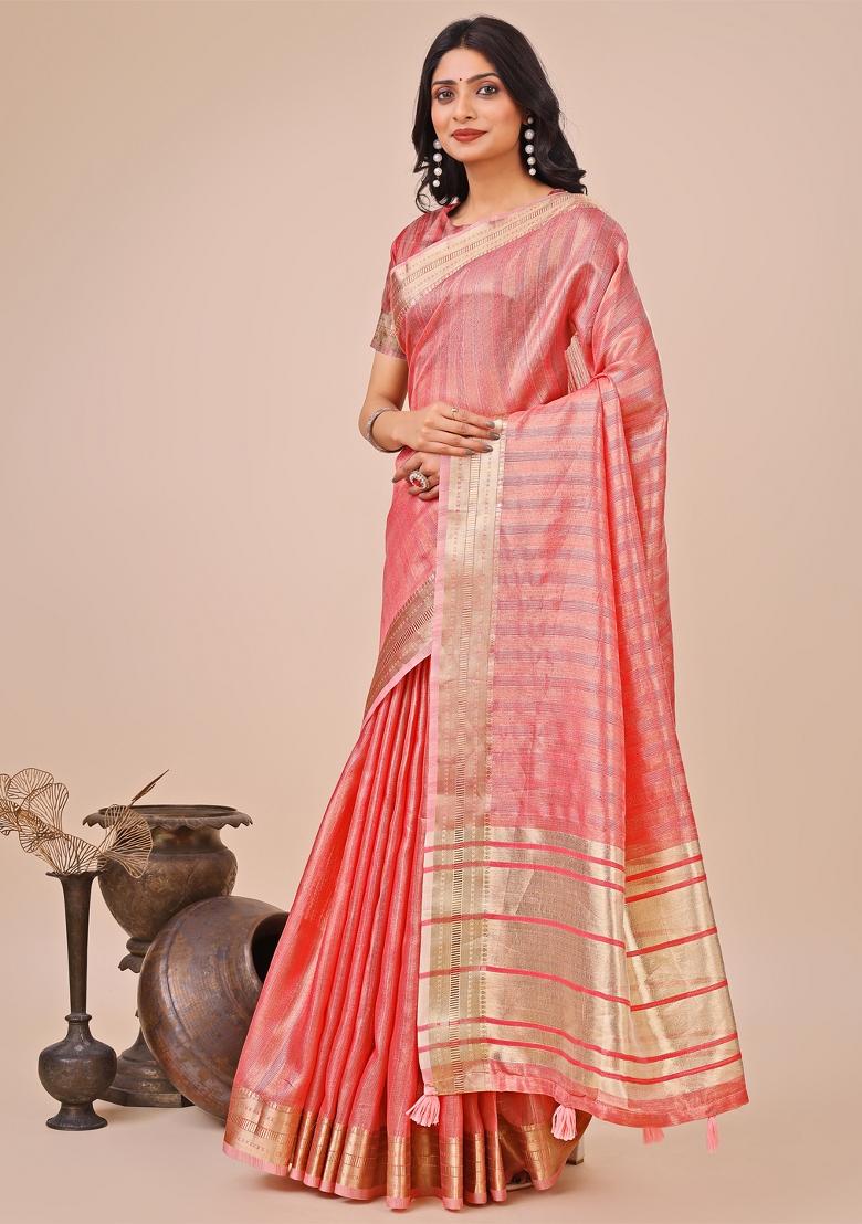 Orange Wevon Designer Organza Saree Set