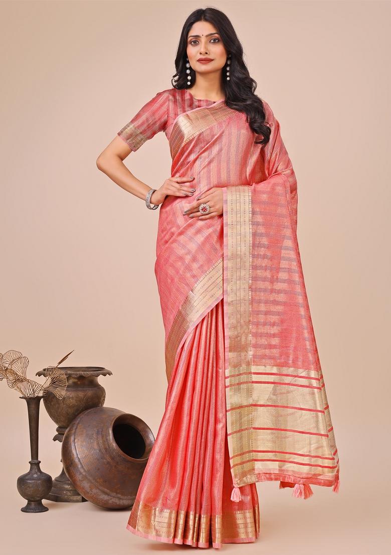 Orange Wevon Designer Organza Saree Set