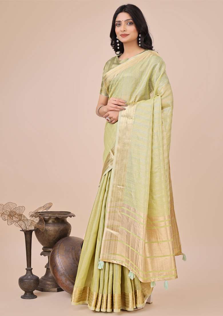 Pista Green Wevon Designer Organza Saree Set - Indya