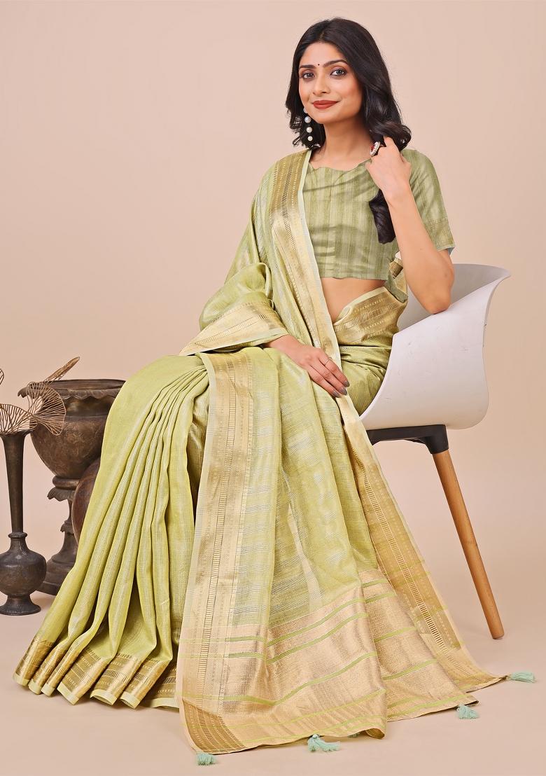 Pista Green Wevon Designer Organza Saree Set